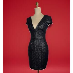 Dress The Population | Black Sequin Dress | Deep V | Glam | Cool Girl | Goth